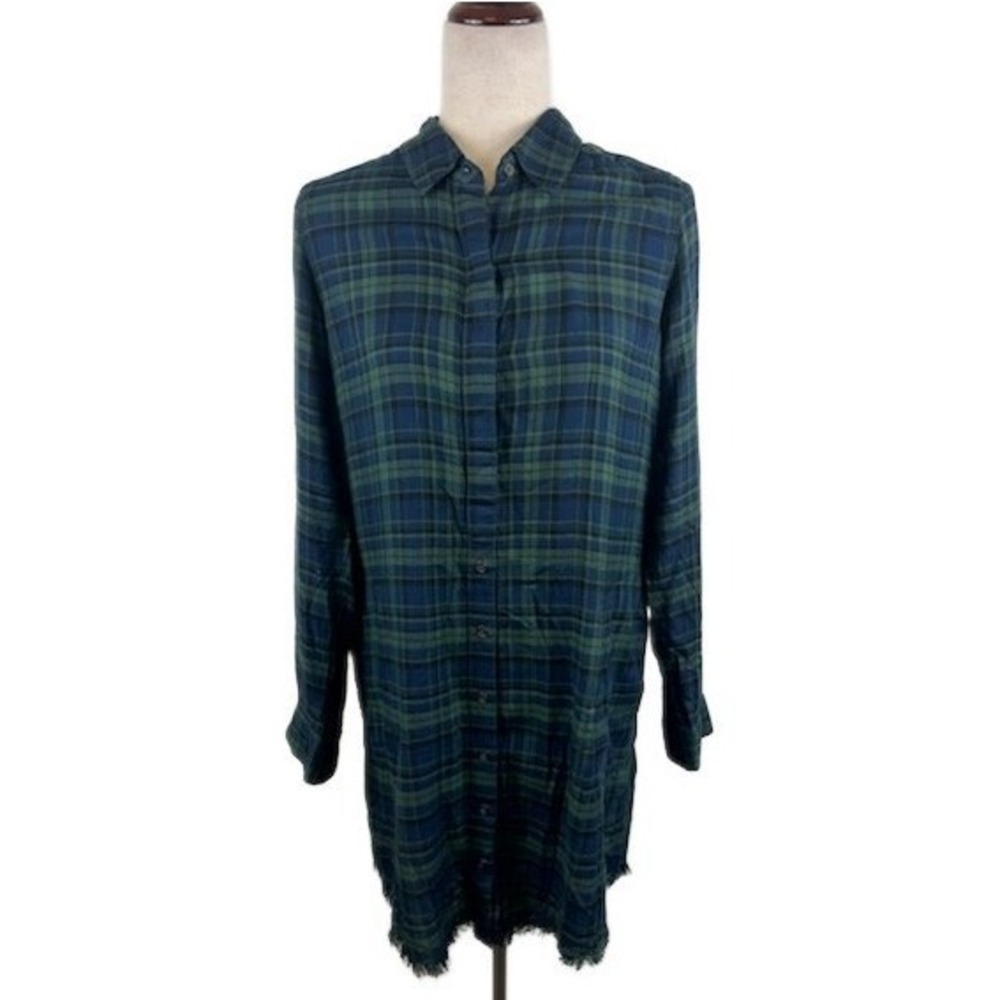 Michael Stars‎ Plaid Button Down Shirt Dress Green Blue Frayed Hem Casual Small